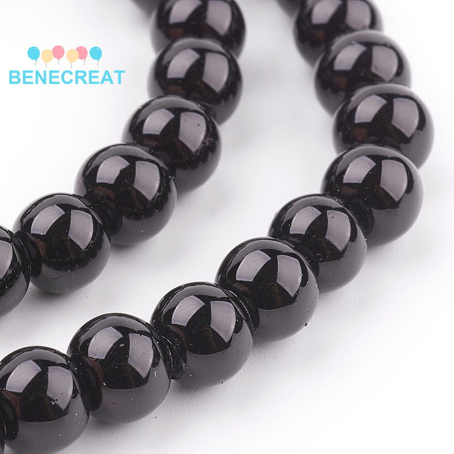 BENECREAT Hạt thủy tinh dây tròn màu đen, đường kính 8mm, lỗ 1mm, mỗi sợi chứa khoảng 100 hạt, dài 3