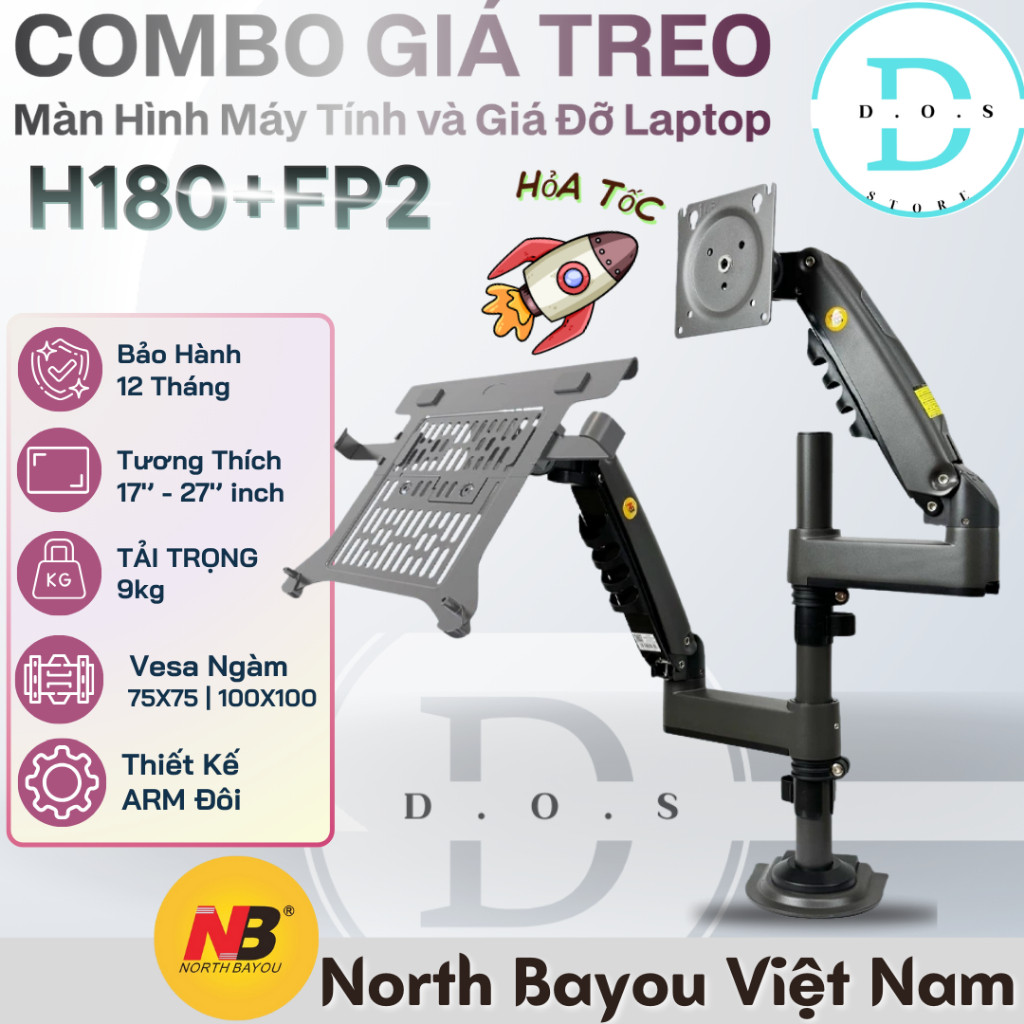 [COMBO] GIÁ TREO MÀN HÌNH MÁY TÍNH + KẸP LAPTOP North Bayou H180+FP2 Monitor ARM