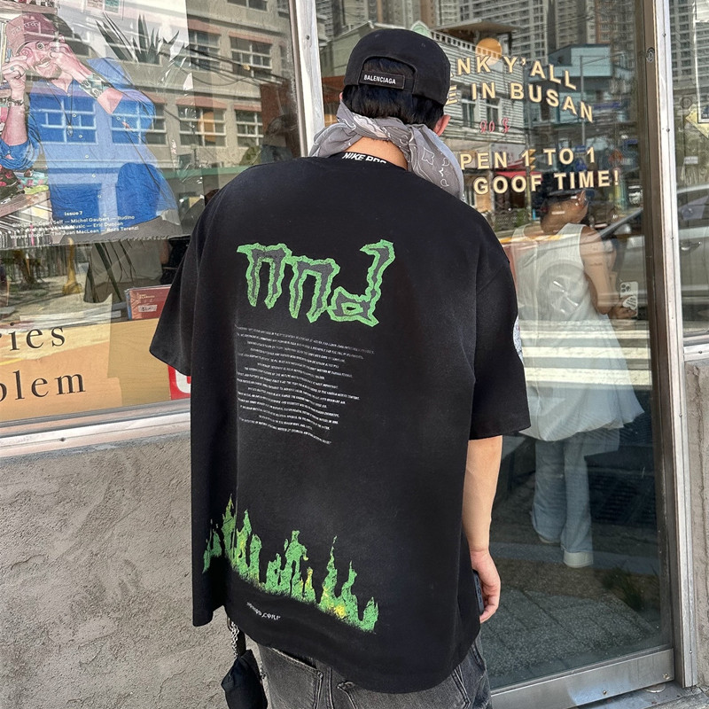 QSKJ NONNODvibe Paris-style distressed spray-painted loose-fitting short-sleeve shirt T Summer shirt