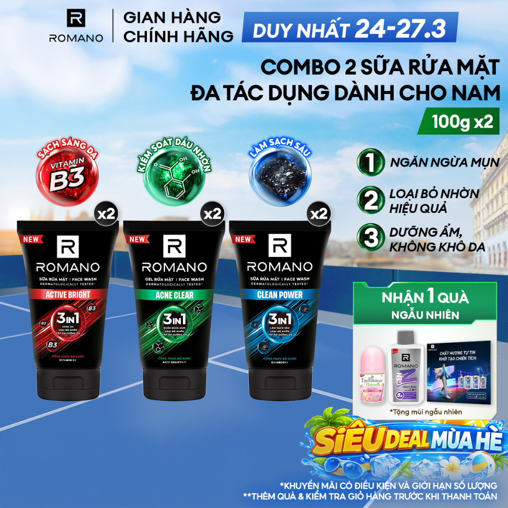 [MỚI] Combo 2 Sữa rửa mặt Romano đa tác dụng dành cho nam giới 100g: Cấp ẩm, Loại bỏ nhờn, Sáng da/Ngừa mụn/Làm sạch sâu