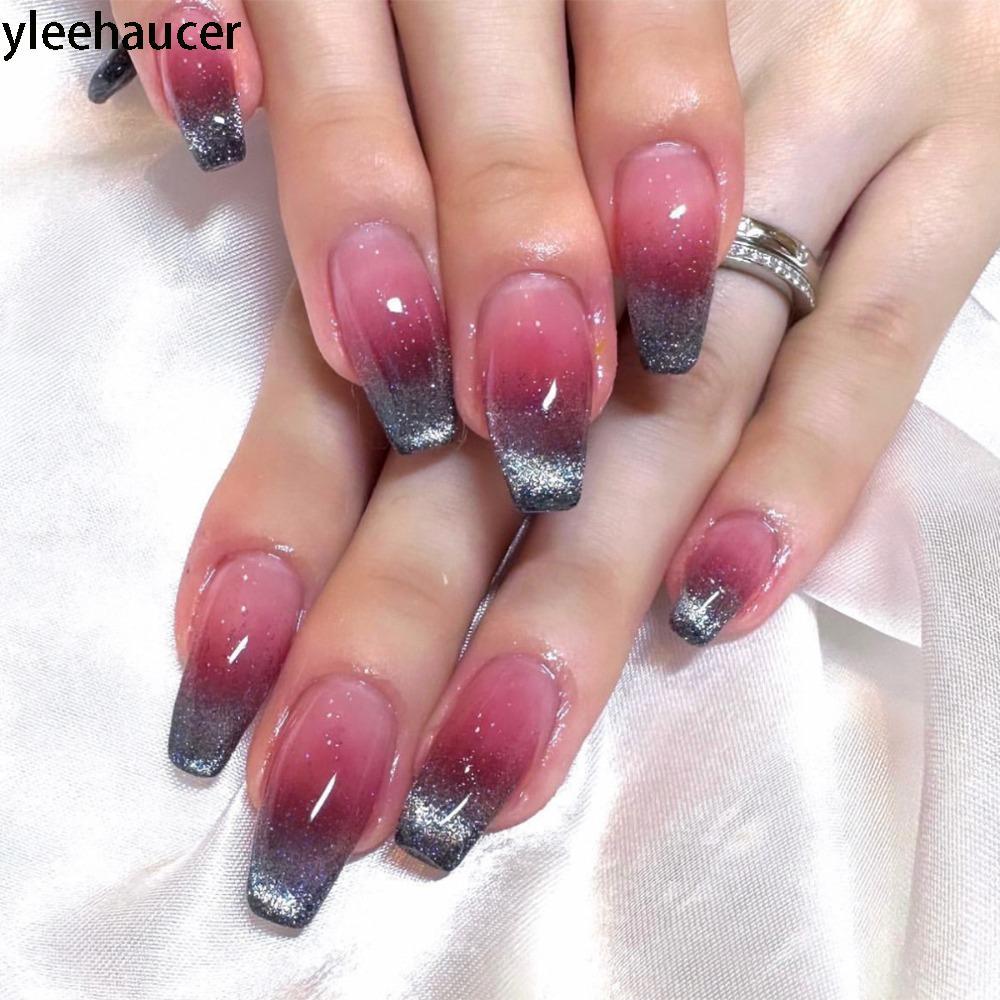 YLEEHAUCER Móng Tay Giả, Full Cover Cat 's Eye Almond Móng Tay Giả, Chống Thấm Nước Làm Móng Tay Đầu