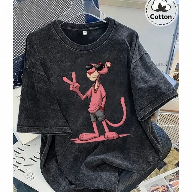 Kanos_shop | Áo rộng giặt nước, Hàn quốc dễ thương Pink Panther print 100% cotton áo sơ mi tay ngắn