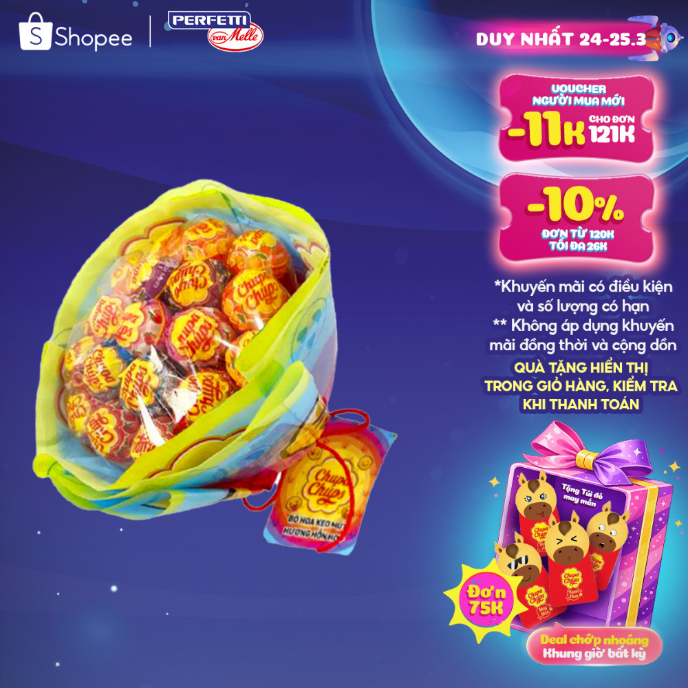 Kẹo mút Chupa Chups hình dáng Bó hoa hồng hương trái cây (19 que kẹo) phù hợp tặng người thương nhân
