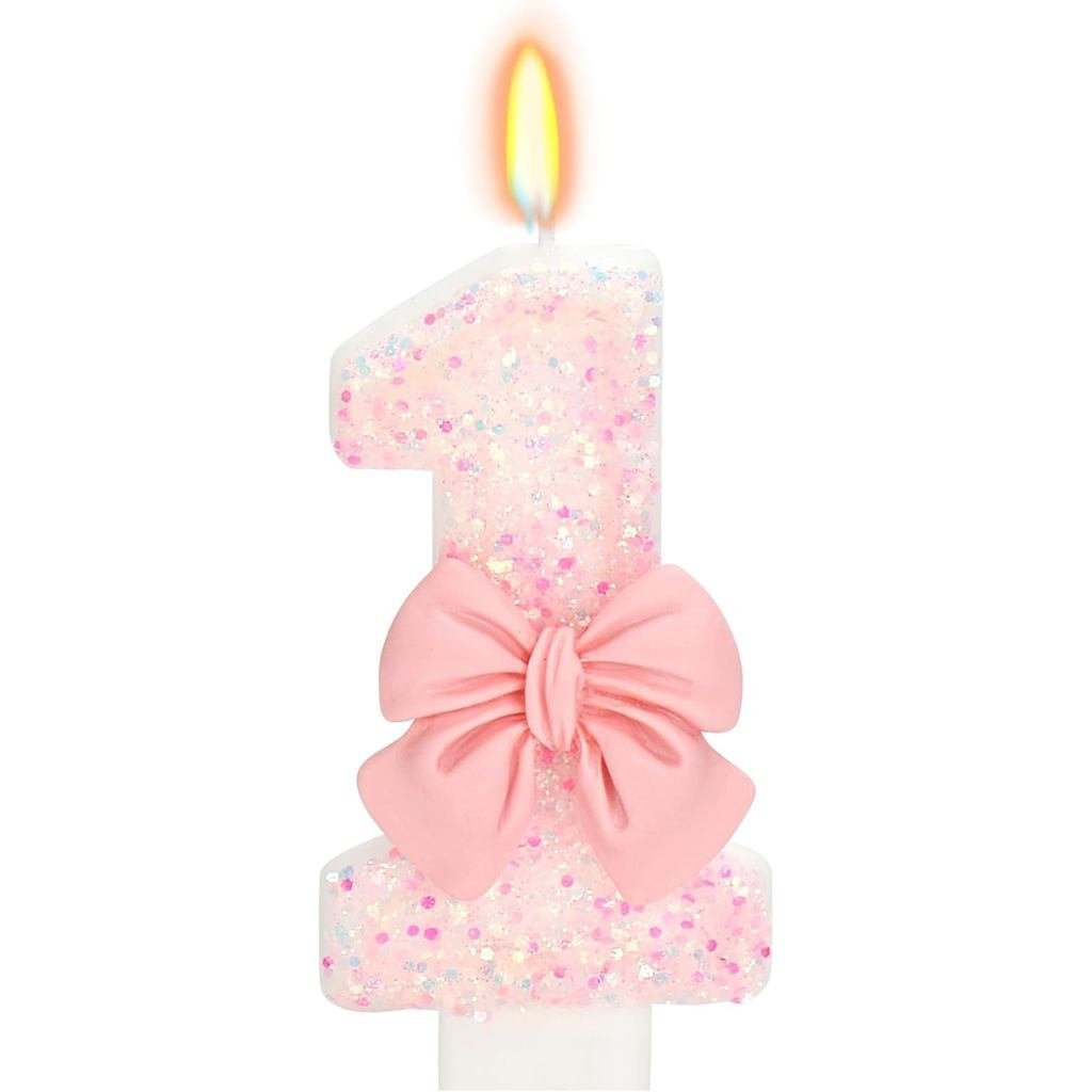 Nến Sinh Nhật Làm Bánh, 1 Nến - Lấp Lánh Hồng Nơ, Nến Chúc Mừng Sinh Nhật 2,76 inch, Trang Trí Bánh 