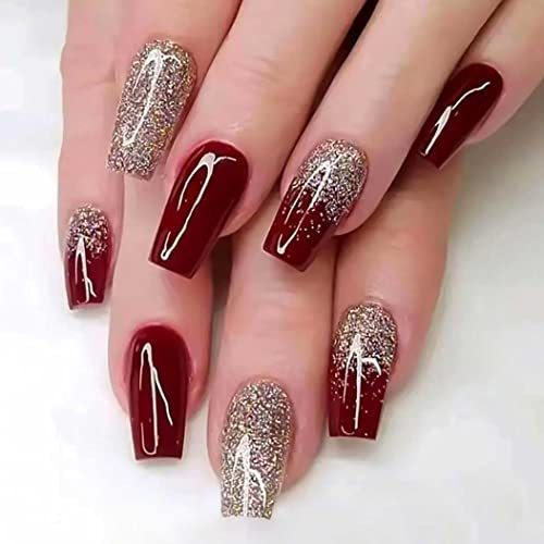 RikView Red Press on Nails Medium Fake Nails Glitter Nails Vuông Acrylic Nails Glossy Full Cover Nai