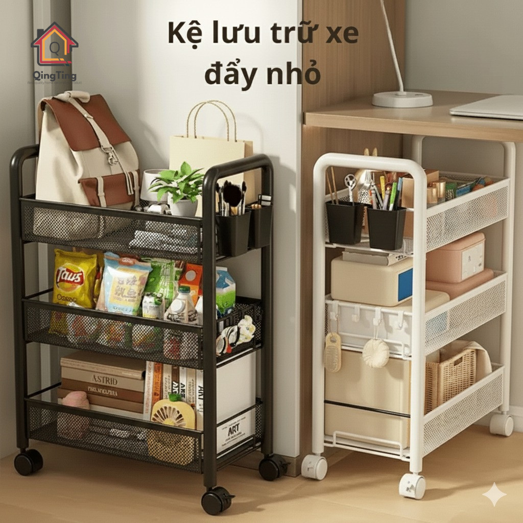 Kệ Xe Đẩy Đa Năng 4 Tầng Có Bánh Xe Lưới Thép Cacbon- Dùng Để Đựng Sách, Vật Dụng Spa