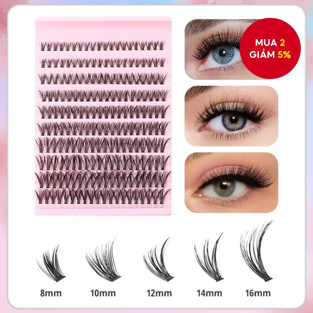 Bộ Kit Cụm Mi Tự Nhiên, Mi Cụm Mảnh, 200 Cụm Mi Nối, Mi Đơn Cong D, Độ Dài 8-16 mm, Trộn Độ Dài.