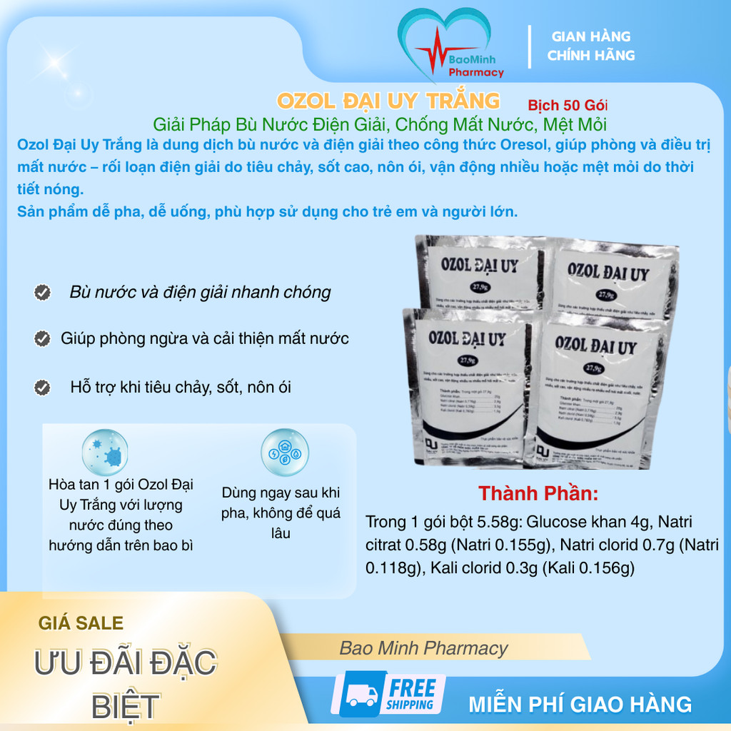 Ozol Đại Uy Trắng – Bù Nước Và Điện Giải, Oresol Chuẩn WHO, Dùng Khi Tiêu Chảy, Sốt, Mệt Mỏi