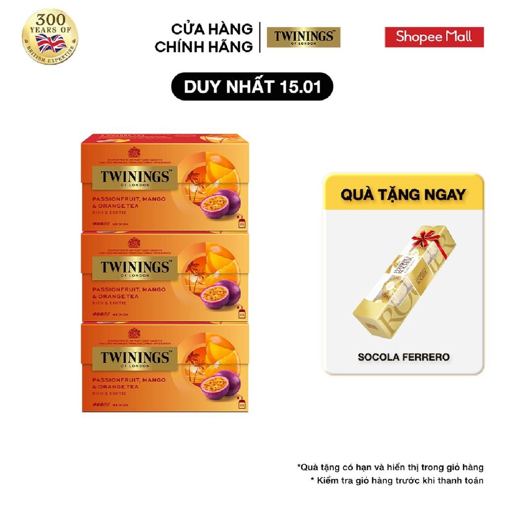 Combo 3 Trà Túi Lọc Chanh Dây Xoài Cam Twinings Passionfruit, Mango & Orange - Hộp 25 Gói 2G