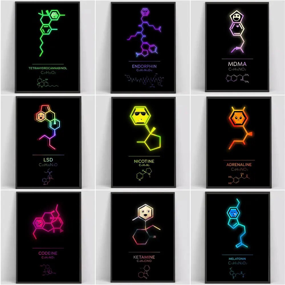 Ngộ nghĩnh Neon Hóa Chất Caffeine Oxytocin Dopamine Dòng Nghệ Thuật Poster In Tranh Canvas Nghệ Thuậ