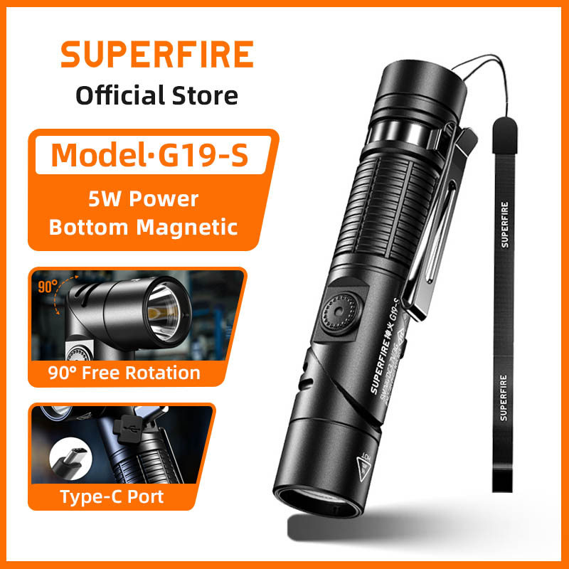 Đèn pin LED SUPERFIRE G19-S USB C có thể sạc lại 90° Đèn pha có thể điều chỉnh với đèn pin khẩn cấp 