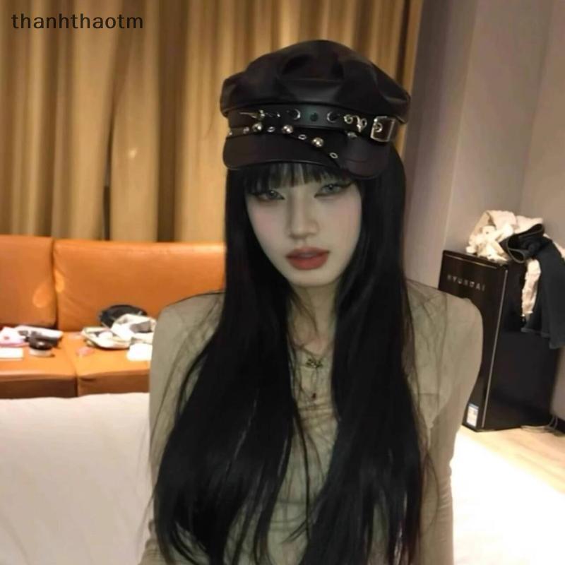 Thh Mũ Beret Da Goth Lolita Harajuku Y2K Goth Vintage Đinh Tán