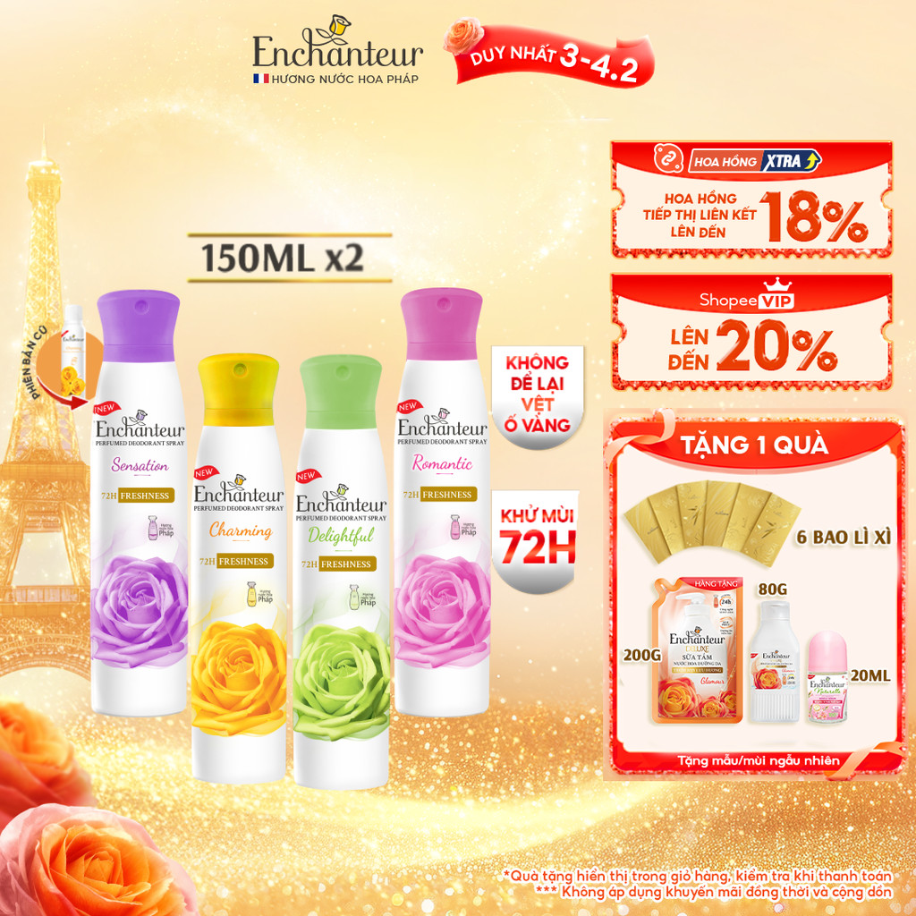 Combo 2 Xịt khử mùi Enchanteur khô thoáng 72 giờ, cảm giác tươi mát sảng khoái lâu dài 150ml