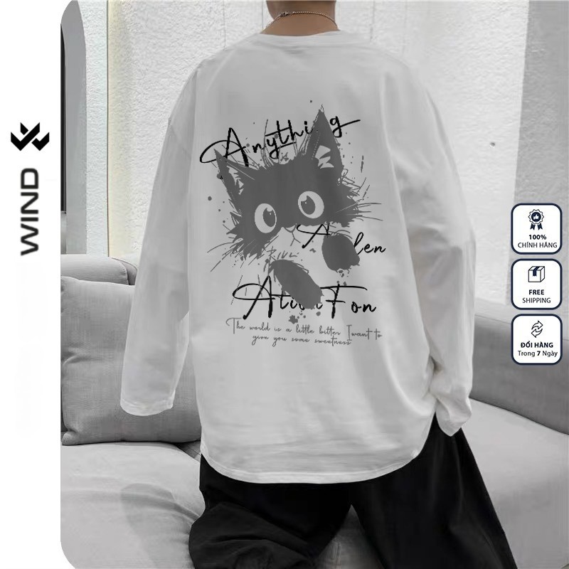 Áo Thun Tay Dài Unisex Wind Clothing Form Rộng CAT ANYTHING nam nữ 100% cotton Phong Cách Oversize