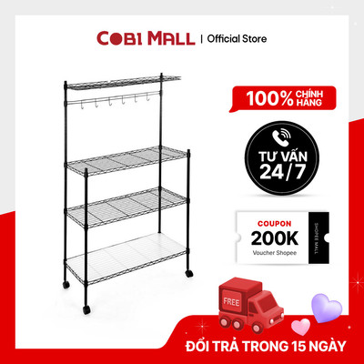 Kệ Nhà Bếp 4 Tầng Bằng Sắt Sơn Tĩnh Điện – Màu Đen – Kệ Đa Năng Có Móc Treo, Bánh Xe Tiện Lợi