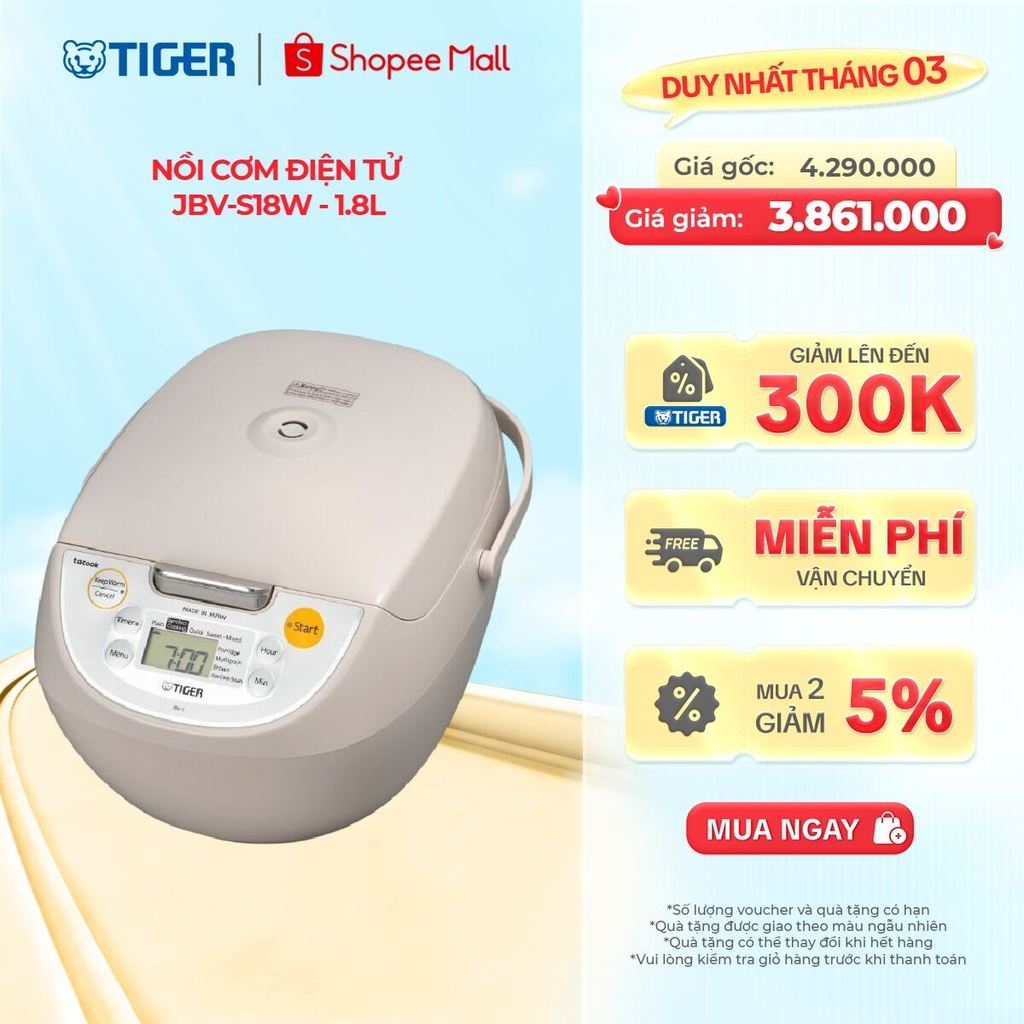 Nồi Cơm Điện Tử Tiger JBV-S18W - 1.8L - Hàng Chính Hãng