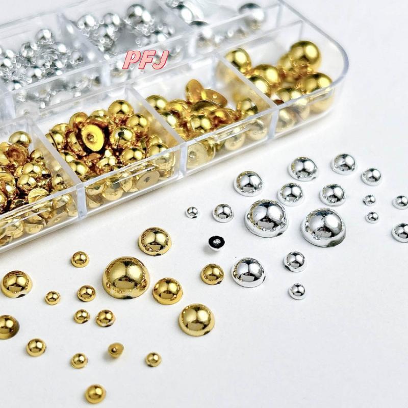 PFJ 12Grids Hỗn Hợp Ngọc Trai Bán Tròn Vàng Và Bạc Móng Tay Quyến Rũ Trang Trí Móng Tay Làm Móng Tay