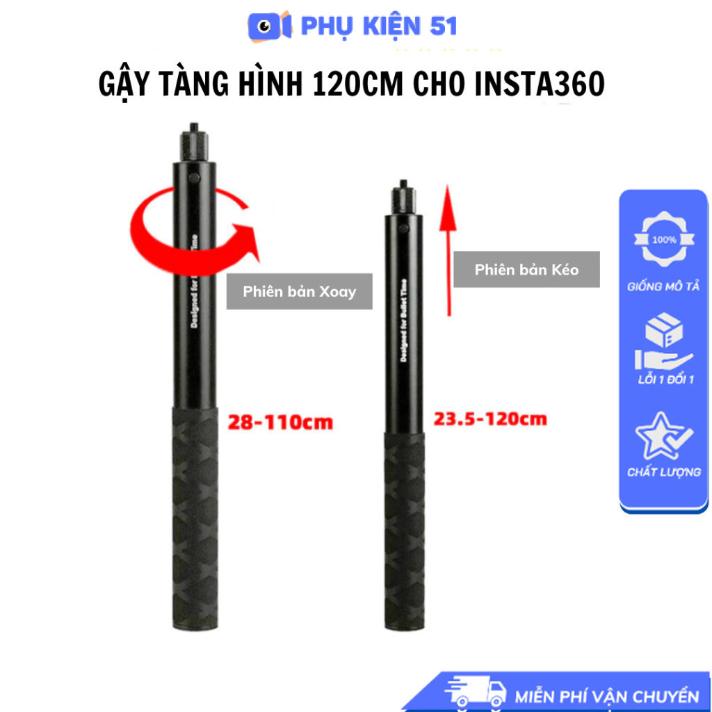 Gậy tàng hình 1.2m Insta360 X2 X3 X4 X5  Invisible Selfie Stick- gậy kéo dài Camera Insta360