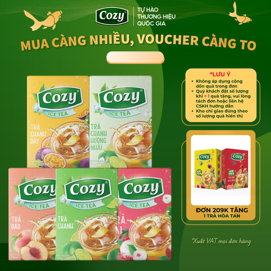 Combo Mix 5 Hộp 5 Vị Trà Hòa Tan Cozy Trà Đào, Chanh, Vải, Chanh Dây, Chanh Hương Nhài Thơm Ngon