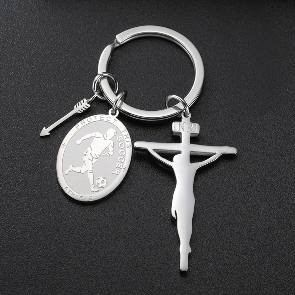 Soccer Hockey Jesus Crucifix Keychains Religion Cross Christian Jesus Rugby Stainless Steel Keyring 