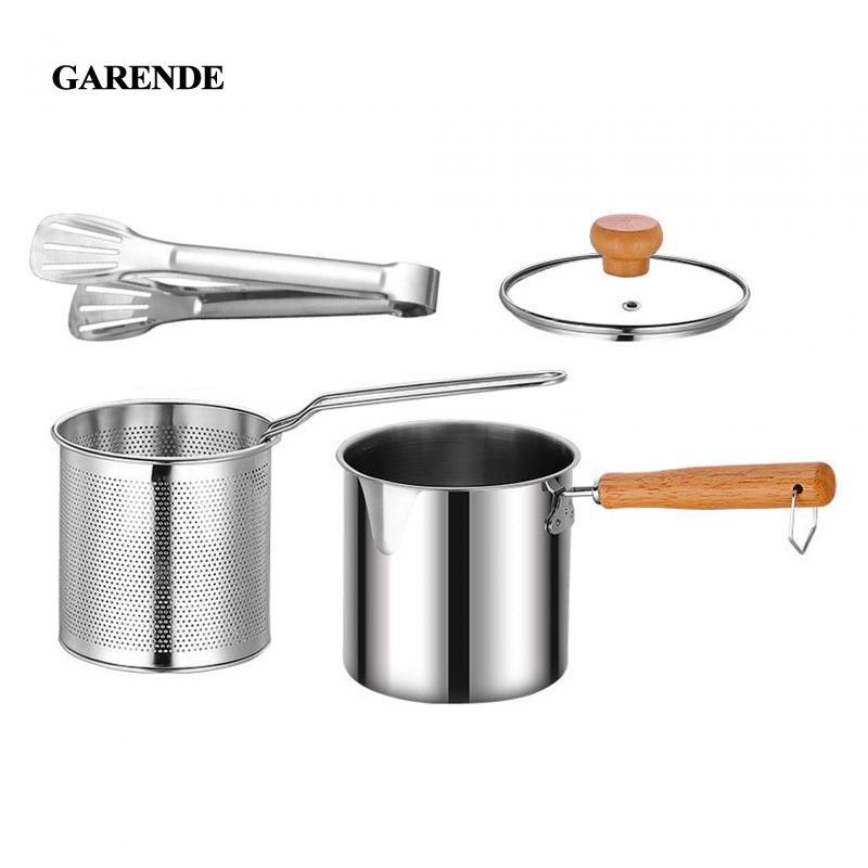 Nồi chiên sâu bằng thép không gỉ Garende Nồi chiên dầu Nồi nấu có tay cầm bằng gỗ Nhỏ