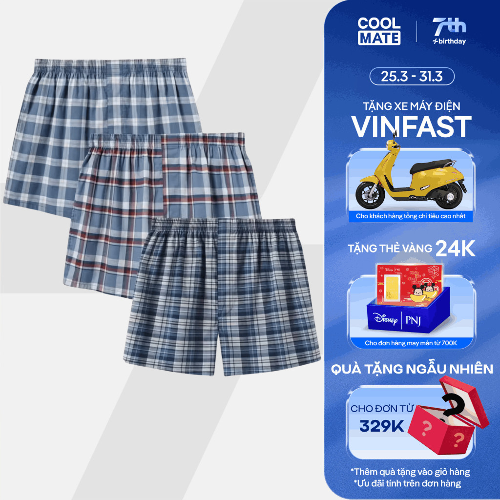 Combo Pack 3 quần mặc nhà Boxer short Coolmate basics kẻ sọc [MÀU NGẪU NHIÊN]