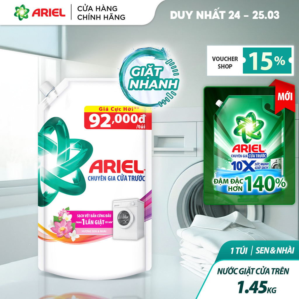 [LIVE] Nước Giặt Cửa Trước ARIEL Hương Sen & Nhài 1.45KG/ Nước giặt 10X giặt sạch túi 1.37KG
