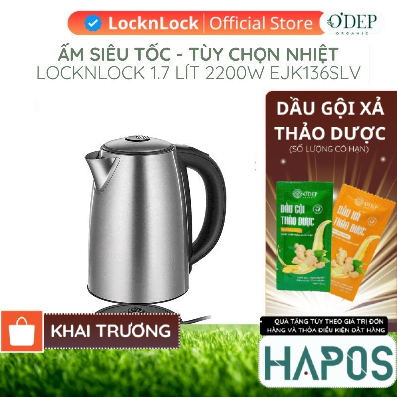 Ấm đun siêu tốc LocknLock 1.7L 2200W tùy chọn nhiệt độ sôi, giữ ấm pha sữa EJK136SLV - Chính Hãng HA