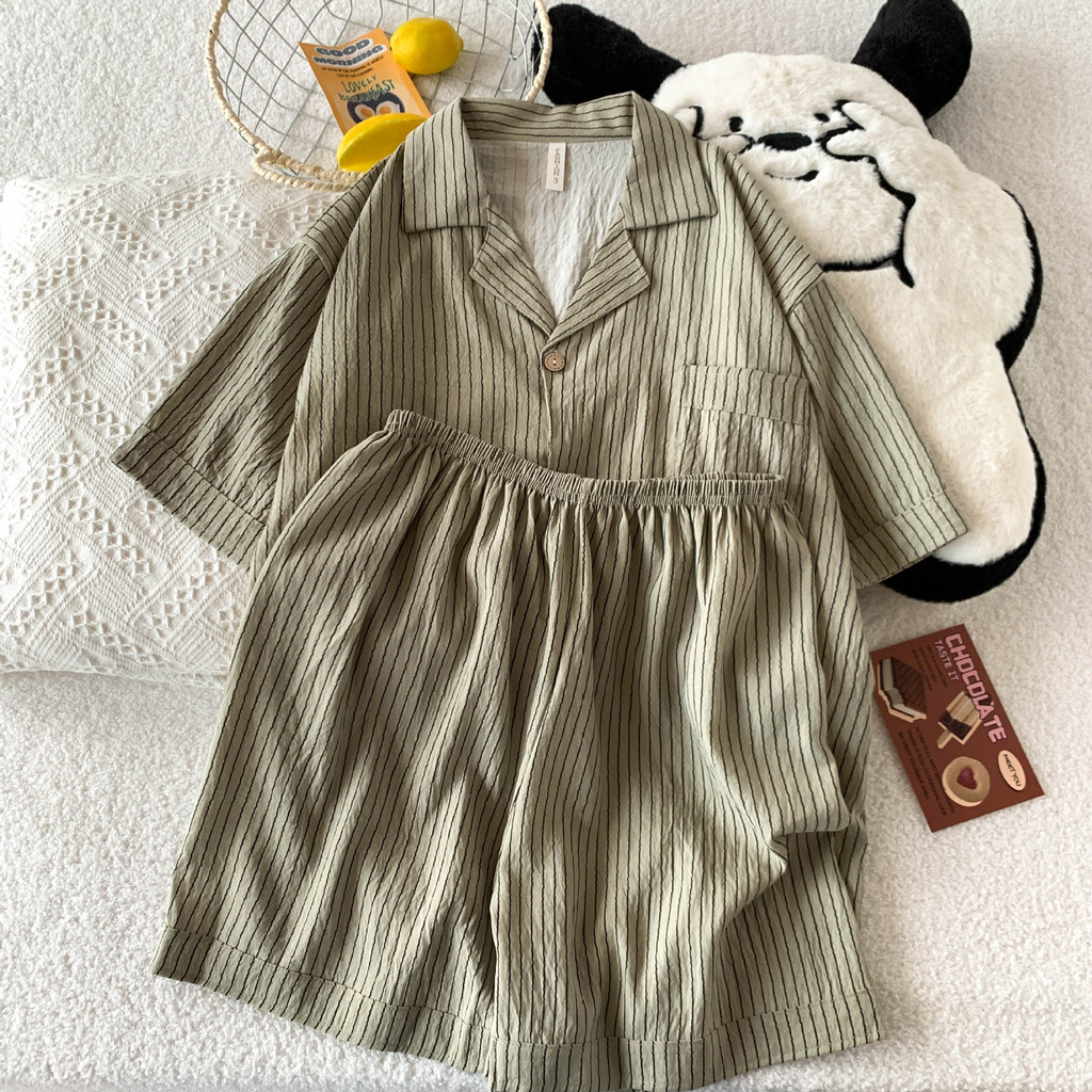 年睡衣男士夏季短袖短裤云朵棉条纹男款可外穿薄款家居服套装Pajamas Men's Summer Short-sleeved Shorts Cloud Cotton Striptevkykw1234v