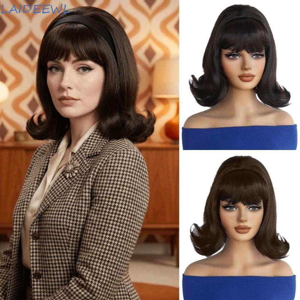 Tóc giả punk ngắn 12 inch, xoăn đen nâu, phù hợp cosplay Halloween và style vintage 50s-70s