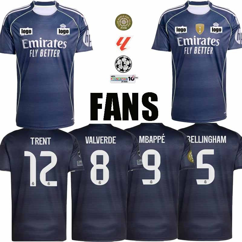 Áo bóng đá Real Madrid Away cho nam với hình in các ngôi sao như Mbappe, Belllingham và Vinicius Jr.