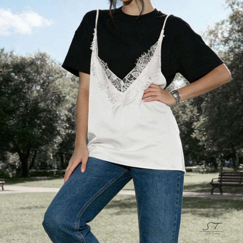 CY03 - Áo hai dây satin nữ với ren viền và cổ chữ V sâu