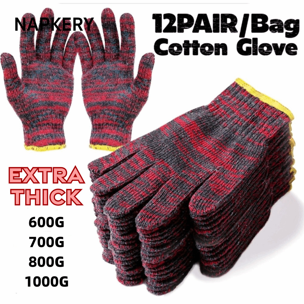 NAPKERY 12 Đôi Găng Tay Làm Việc, Găng Tay Cotton Bảo Vệ 600 / 800 / 1000g, Găng Tay Dệt Kim Cổ Tay 