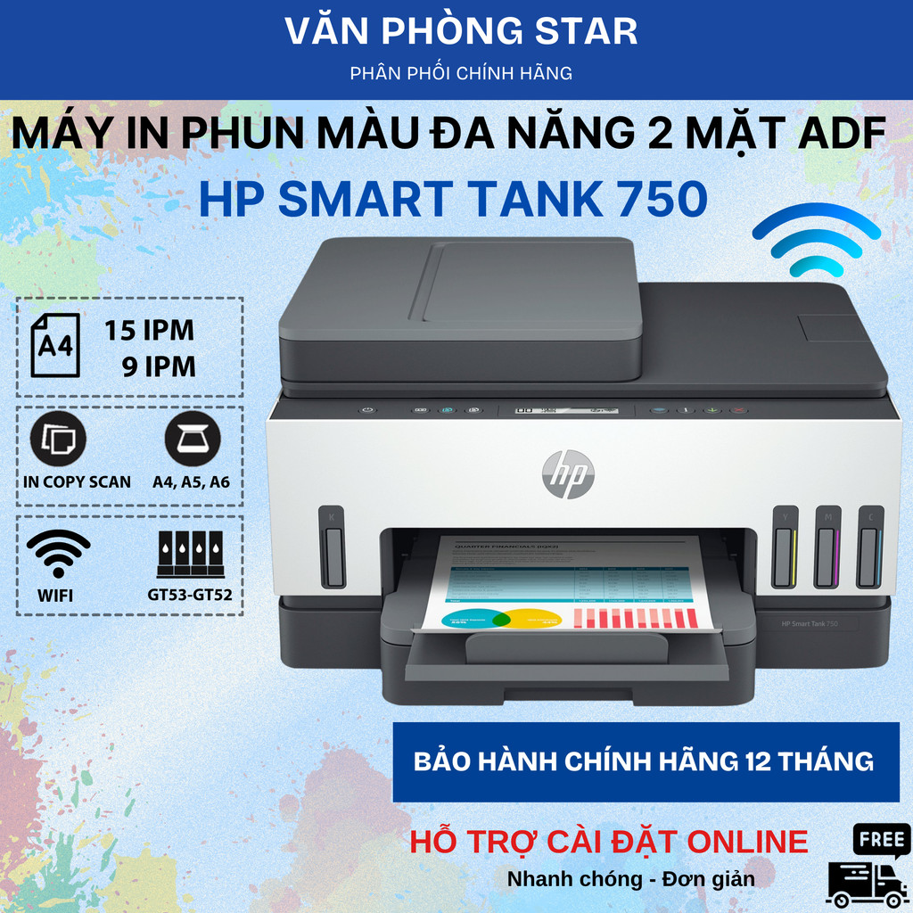 Máy in phun màu HP Smart Tank 750 (6UU47A) - In màu 2 mặt| WiFi| Copy| Scan| ADF - Phù hợp Văn Phòng