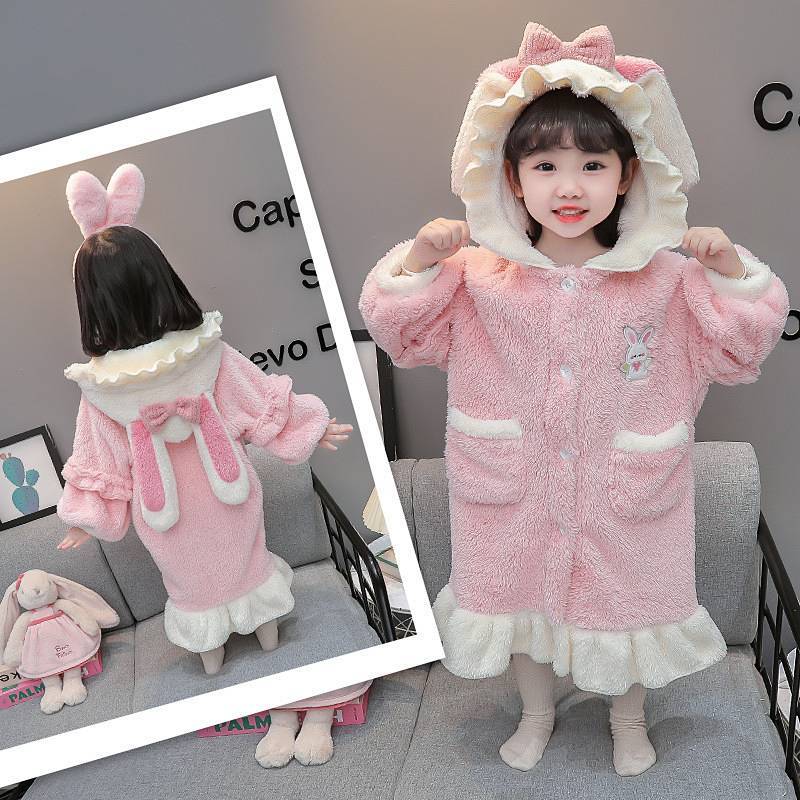 Girls' Pajamas Pajamas Autumn and Winter Flannel Baby Thick Coral Fleece Bathrobe Nightdress Winter 