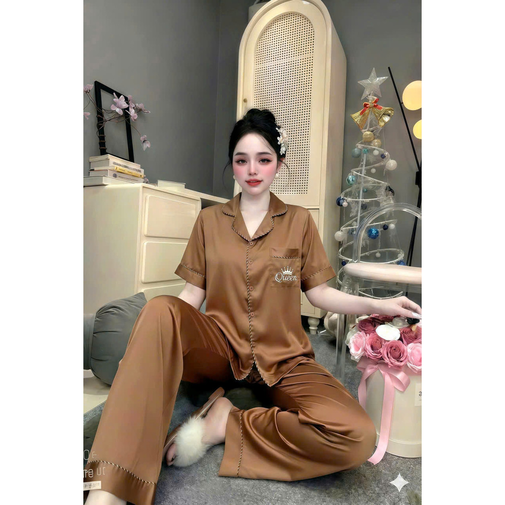 Đồ bộ nữ pijama tay ngắn tiểu thư bánh bèo quần dài vải lụa Latin Freesize - cn74
