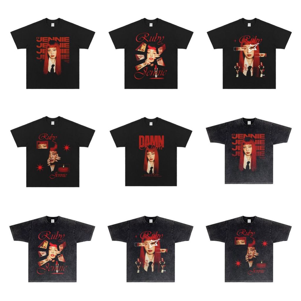 Kpop Jennie Áo Sơ Mi Ngắn Tay Cổ Tròn Cotton Đen Hồng Nam/NỮ