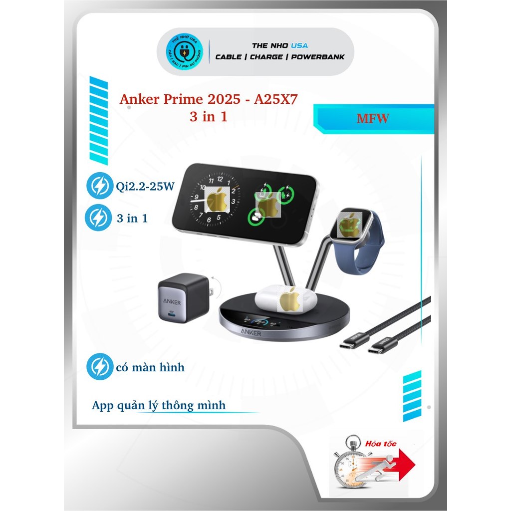 Trạm sạc 3 in 1 Anker Prime A25X7 Qi2.2 25W cho nhà Táo