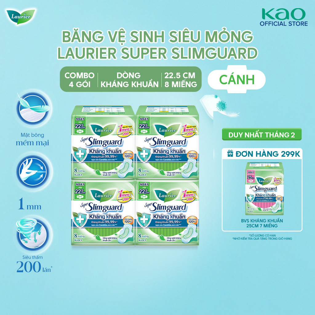 Combo 4 gói BVS Laurier Siêu Mỏng 1mm Kháng khuẩn 22.5cm 8 miếng