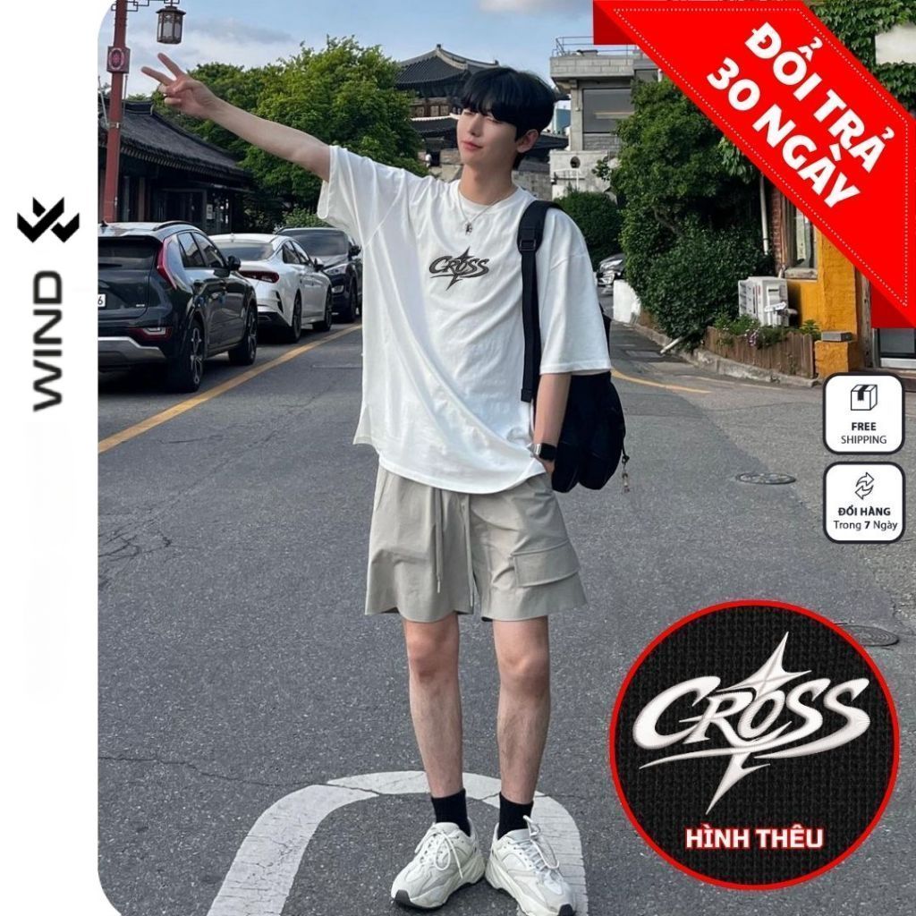 Áo thun tay lỡ Thêu unisex Wind Clothing CROSS phông form rộng 100% Cotton Tshirt nam nữ oversize