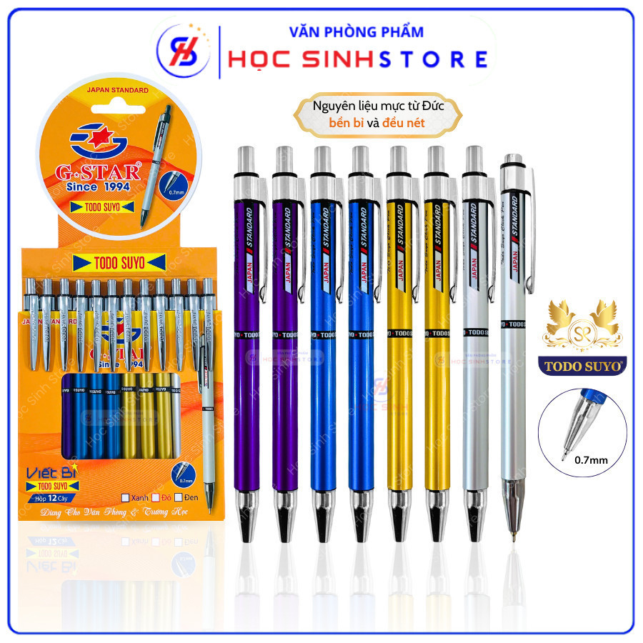 Combo 6/12 Cây Bút Bi Bấm Todo Suyo Ngòi Bi 0.7mm Thụy Sĩ, Mực Xanh Của Đức, Mực Đều, Viết Êm - VPP 