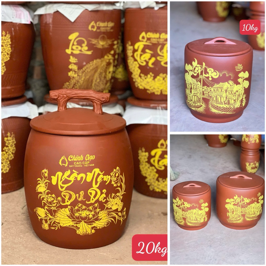 [VIP] Hũ gạo có tay cầm-Chĩnh đựng gạo Tài Lộc-Chum gốm đựng - Thùng đựng gạo men mộc, hũ gạo ko tráng men gốm Bát Tràng