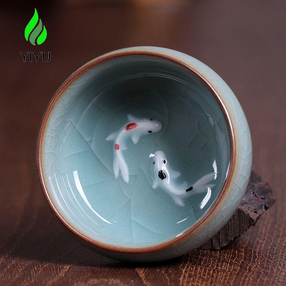 YIYU Golden Fish Celadon Porcelain Teacups, Crackle 60ml Long Tuyền Tea Cup Bowl, Bộ trà Kungfu có t