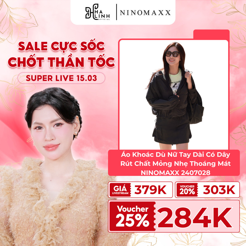 [Võ Hà Linh x NINOMAXX] Áo Khoác Dù Nữ Tay Dài 1 Lớp Form Mũ Rộng Túi Trong, Dây Rút Điều Chỉnh NINO