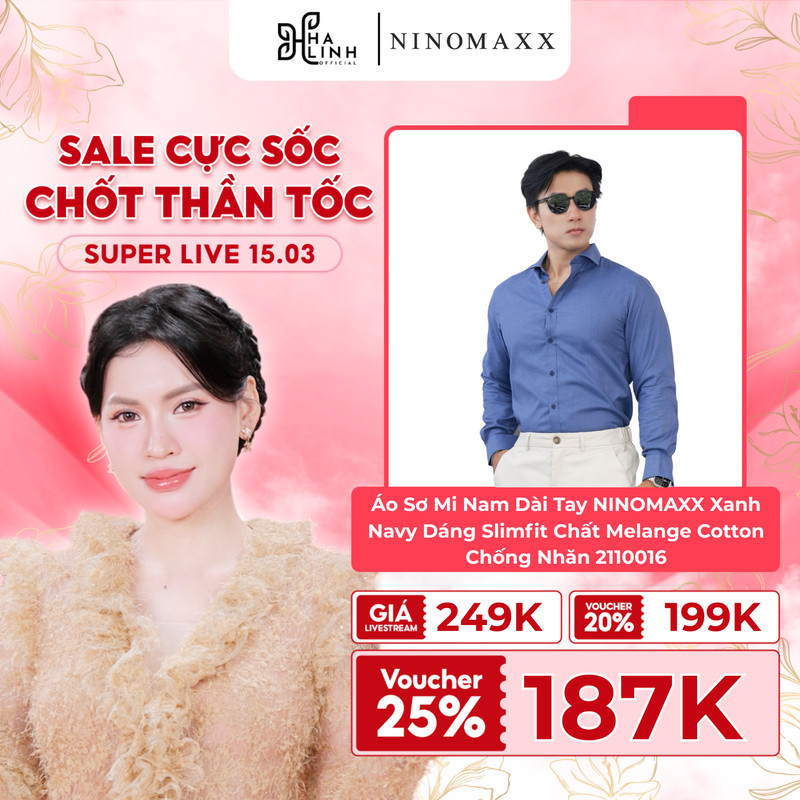 [Võ Hà Linh x NINOMAXX] Áo Sơ Mi Nam Dài Tay NINOMAXX Xanh Navy Dáng Slimfit Chất Melange Cotton Chố