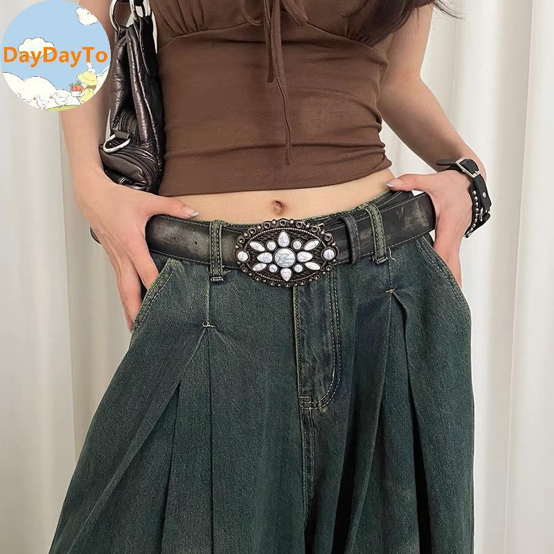 DayDayTo Vintage Đá Trắng Bule Thắt Lưng Khắc Hoa Thắt Lưng Da Nổi Boho Thắt Lưng Phương Tây Quần Je
