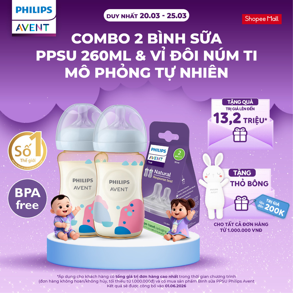 Combo 2 Bình sữa mô phỏng tự nhiên mới PPSU Philips Avent 260ml & Vỉ đôi núm ti mô phỏng tự nhiên mớ