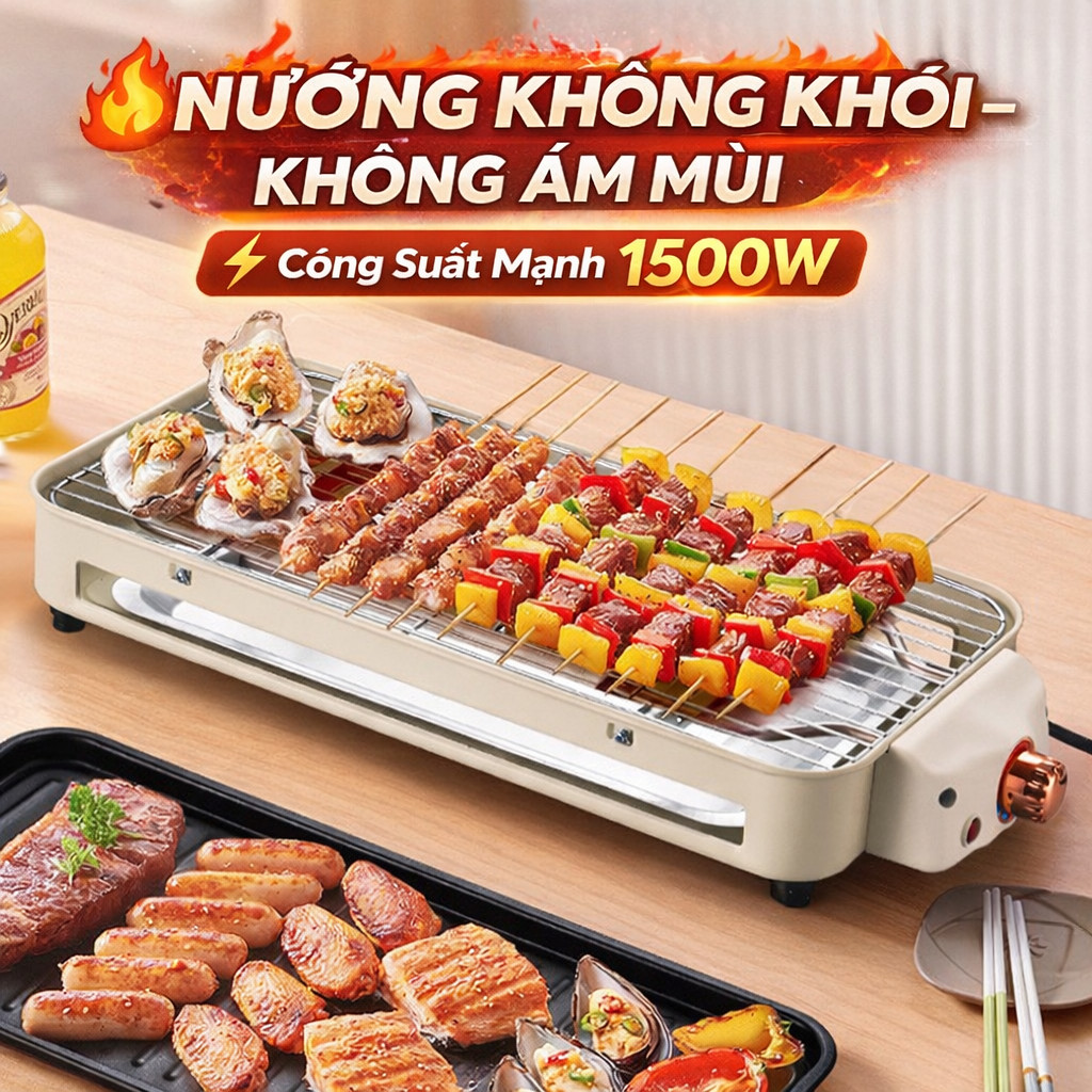 Bếp Nướng Điện BBQ 1500W Không Khói, Chống Dính Cao Cấp, Khay Hứng Dầu, Dùng Trong Nhà & Dã Ngoại