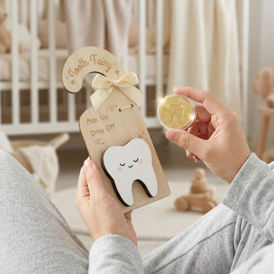 Răng Gỗ Cổ Tích Cửa Treo Mặt Dây Chuyền Trang Trí Tay Nắm Cửa Răng Cổ Tích Quần Áo Móc Treo Trẻ Em Răng Ngày Lễ Quà Tặng Cảnh