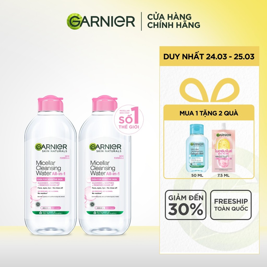 Bộ 2 nước làm sạch và tẩy trang cho da nhạy cảm (nắp hồng) Garnier 400ml x 2